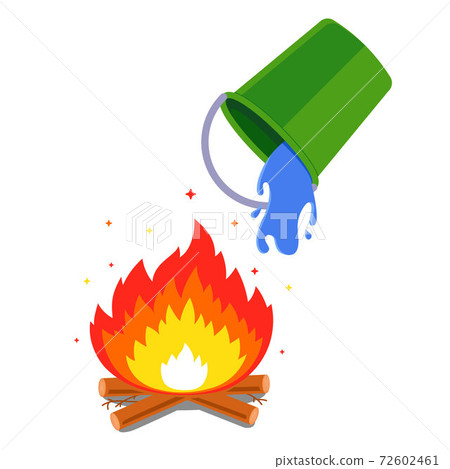 pour water from a bucket and put out a fire in the forest. 72602461