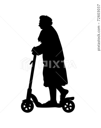 Silhouette senior woman grandma on the scooter. Silhouette senior woman grandma on the scooter. 72603037
