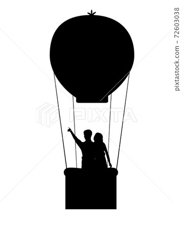 Silhouettes of two lovers man and woman by hot air balloon Silhouettes of two lovers man and woman by hot air balloon 72603038