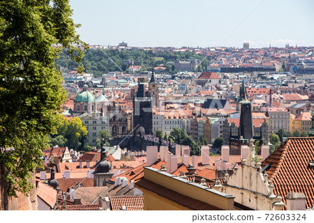Prague old town sunny panorama view old town natural tree frame Prague old town sunny panorama view old town natural tree frame 72603324