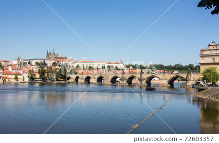 Charles bridge and prague castle sunny panorama old town 72603357