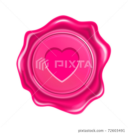 Pink wax seal with heart isolated on transparent background. Realistic round retro stamp for postcard, love letter, gift certificate or wedding invitation card. Vector illustration. Concept of love 72603491