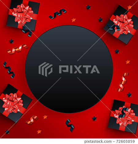 Holiday Background with Gift Box, Empty Blank Frame and Glossy Ribbon. Can Be used as poster, card, invitation. Vector Illustration eps10 Holiday Background with Gift Box, Empty Blank Frame and Glossy Ribbon. Can Be used as poster, card, invitation. Vector Illustration eps10 72603859