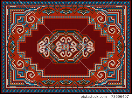 Luxurious motley carpet in red and blue shades with pattern on a burgundy field in the center 72606407