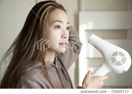 A woman drying her hair with a hair dryer A woman drying her hair with a hair dryer 72609727