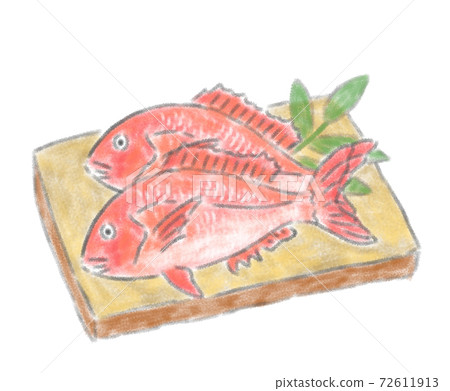 Watercolor touch Illustration of two sea breams on a cutting board Watercolor touch Illustration of two sea breams on a cutting board 72611913