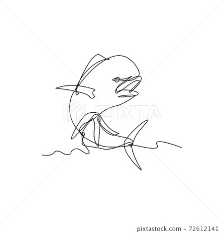 Mahi-mahi or Common Dolphinfish Jumping Up Continuous Line Drawing Black and White 72612141