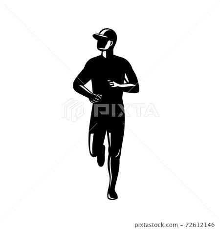 Silhouette of Country Marathon Runner Running Front View Retro Black and White Silhouette of Country Marathon Runner Running Front View Retro Black and White 72612146