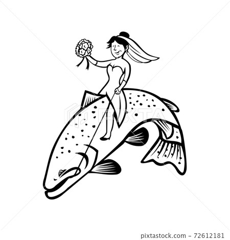 Bride Female Fisherman with Flower Bouquet Riding a Steelhead Trout Cartoon Black and White 72612181