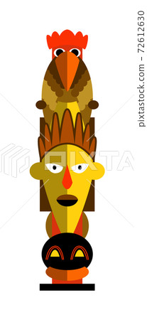 Pagan totem pole with shaman face and rooster on white Pagan totem pole with shaman face and rooster on white 72612630