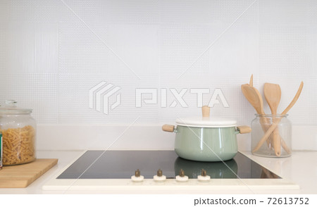 Kitchen interior with white walls and white countertops .For montage product display or design key visual layout. 72613752