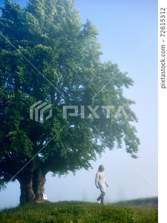 Spaceman and an old big tree on a green foggy meadow 72615312