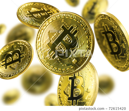 Gold Bitcoin coins flying on a white background Gold Bitcoin coins flying on a white background 72615420