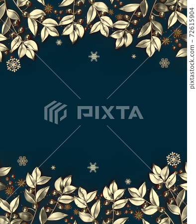 Dark blue Christmas background with a garland of golden leaves and snowflakes Dark blue Christmas background with a garland of golden leaves and snowflakes 72615904