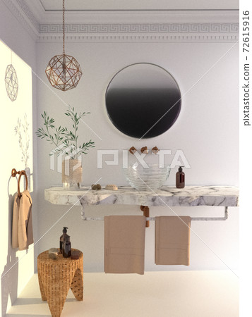 White modern bathroom interior with white marble table and sun shadow White modern bathroom interior with white marble table and sun shadow 72615916