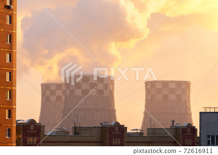 power plant with pipes, at sunset. concept of environmental pollution, city power plant with pipes, at sunset. concept of environmental pollution, city 72616911