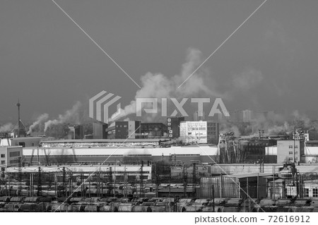 factories factory pollutants into the atmosphere close-up in the evening. black and white photo factories factory pollutants into the atmosphere close-up in the evening. black and white photo 72616912