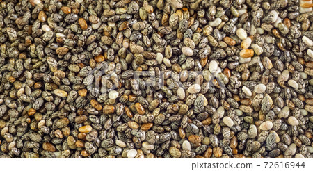 Chia seeds close-up background macro. The texture of the Chia seeds. Healthy food. banner 72616944