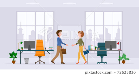 Office cartoon character male and female hands shaking in modern workplace vector illustration set. Man and woman business partners meeting, saying hello in conference room on cityscape silhouette 72623830