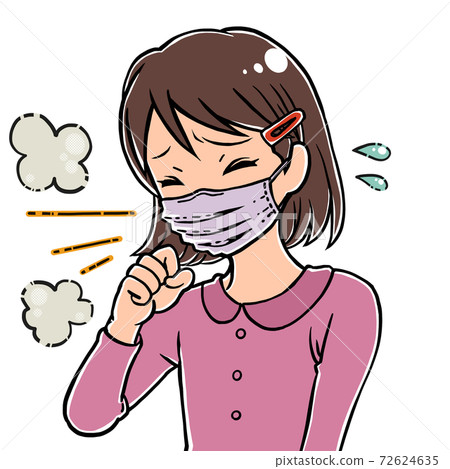 女孩戴著口罩和咳嗽Gohogoho汗水 72624635
