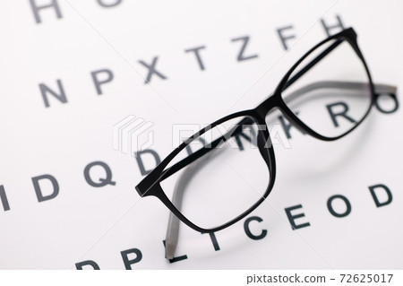 Glasses for vision in black frames lying on test chart closeup Glasses for vision in black frames lying on test chart closeup 72625017