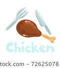 One chicken leg, a fork and a knife clipart icon. Vector isolated kawaii image on white background. Fastfood for restaurant menu design. Flat design image concept, top view. Doner kebab ingredient 72625078