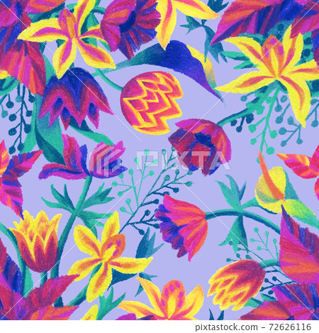 Fantasy florals. Abstract flowers in bloom. Hand drawn exotic decorative plants, blossom buds and leaves. Botanical seamless pattern. Pastel pencils drawing. Fashion, textile, fabric design. 72626116