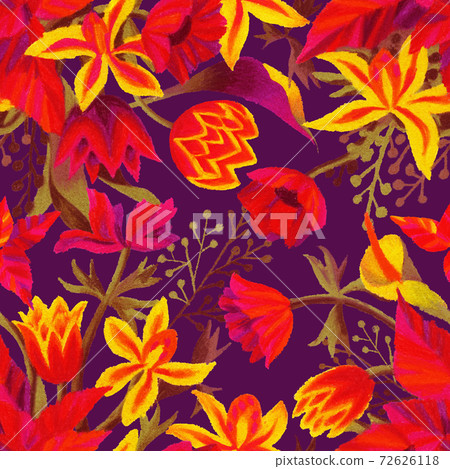 Fantasy florals. Abstract flowers in bloom. Hand drawn exotic decorative plants, blossom buds and leaves. Botanical seamless pattern. Pastel pencils drawing. Fashion, textile, fabric design. 72626118