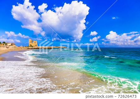 Coastal landscape of Calabria. Briatico, view with old saracen tower. Italy Coastal landscape of Calabria. Briatico, view with old saracen tower. Italy 72626473