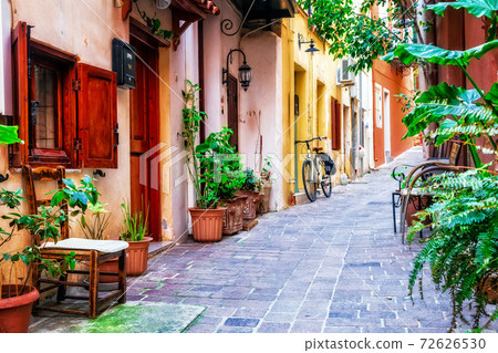 traditioanl colorful narrown streets of Greek town Rethymno, Crete island traditioanl colorful narrown streets of Greek town Rethymno, Crete island 72626530