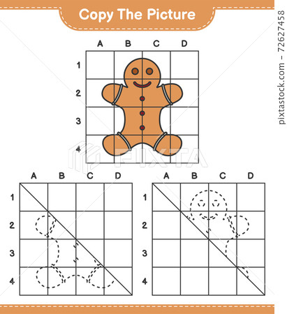 Copy the picture, copy the picture of Gingerbread Man using grid lines. Educational children game, printable worksheet, vector illustration Copy the picture, copy the picture of Gingerbread Man using grid lines. Educational children game, printable worksheet, vector illustration 72627458