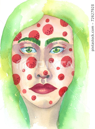 Stylized girl in sketch-style, watercolor illustration, green hair and red spots, cartoon character portrait 72627928