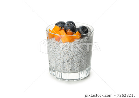 Glass of chia pudding with fruits isolated on white background Glass of chia pudding with fruits isolated on white background 72628213