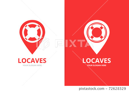 Vector lifebuoy and map pointer logo combination. Unique lifeboat and pin logotype design template Vector lifebuoy and map pointer logo combination. Unique lifeboat and pin logotype design template 72628329