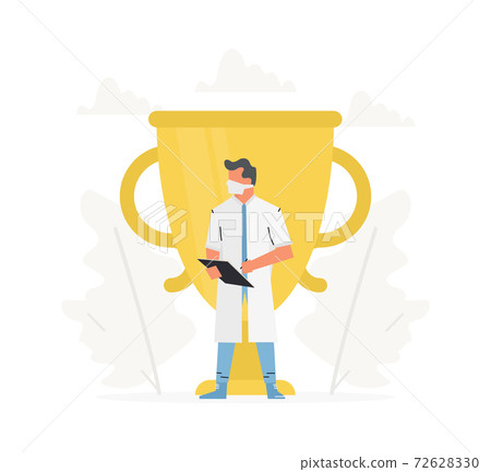 The doctor stands in front of gold trophy cup. Choose best doctor for consultation. The doctor stands in front of gold trophy cup. Choose best doctor for consultation. 72628330