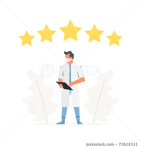 Choose doctor for consultation, five star rating. Medical staff reviews vector illustration. The doctor stands in front of stars. 72628331