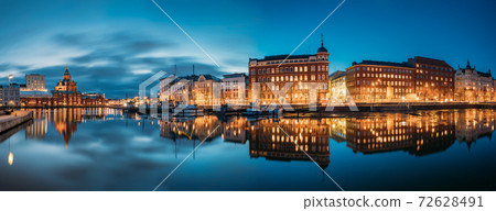 Helsinki, Finland. Panoramic View Of Kanavaranta Street With Uspenski Cathedral And Pohjoisranta Street In Evening Night Illuminations Helsinki, Finland. Panoramic View Of Kanavaranta Street With Uspenski Cathedral And Pohjoisranta Street In Evening Night Illuminations 72628491
