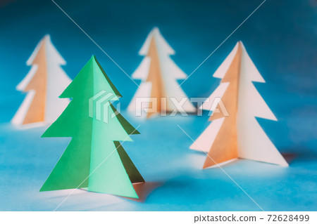 Eco Concept Christmas Trees Made From Paper. Winter Holiday Card. Simple Minimalist Paper Decoration. One Of Pine Trees Painted In Green Color. Green Is Ecological Colour Trend Of 2021 Year 72628499