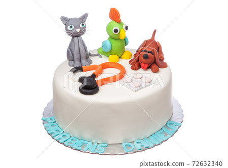 An original cake for a professional veterinarian. With animals made from sugar paste. On a white isolated background. An original cake for a professional veterinarian. With animals made from sugar paste. On a white isolated background. 72632340