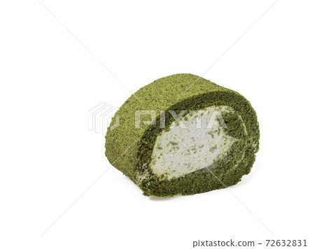 The close up of homemade matcha green tea cream roll soft cake dessert food on white background. The close up of homemade matcha green tea cream roll soft cake dessert food on white background. 72632831