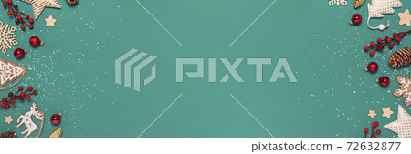 Christmas banner with decorations on blue background 72632877