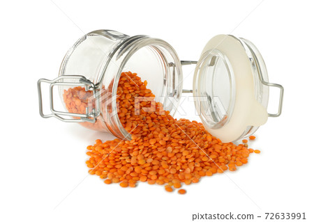 Glass jar with red legumes isolated on white background 72633991
