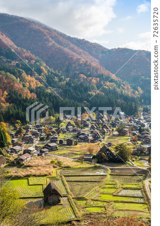 [Autumn leaves Shirakawa-go, a gassho-zukuri village from the castle tower observatory] 72635720