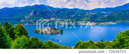 Beautiful lakes of Italy - lago d'Orta and small pictorial island Orta san Giulio. Piedmont. 72636715