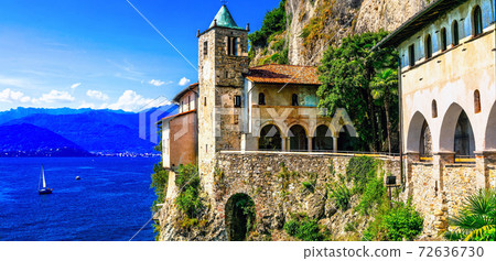 Picturesque monastery Eremo di santa Caterina in beautiful lago Maggiore. North of Italy 72636730