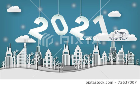 2021 happy new year and Paper city cut 2021... - Stock Illustration ...