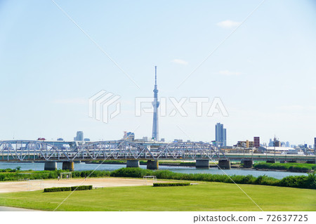Horikiri Bridge and Sky Tree Arakawa Green Park Riverbed 72637725
