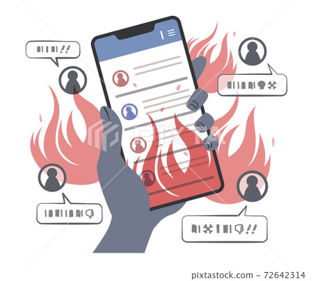 Illustration (gray) at hand looking at the screen of sns burning on a smartphone 72642314