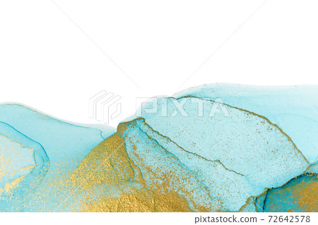 Alcohol ink blue and gold abstract stains on white background. Drops watercolor transparent texture. Alcohol ink blue and gold abstract stains on white background. Drops watercolor transparent texture. 72642578
