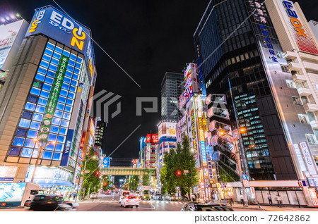 Tokyo cityscape of Japan Akihabara, Tokyo of the corona wreck. Buildings with no lights = October 12, 2020 72642862